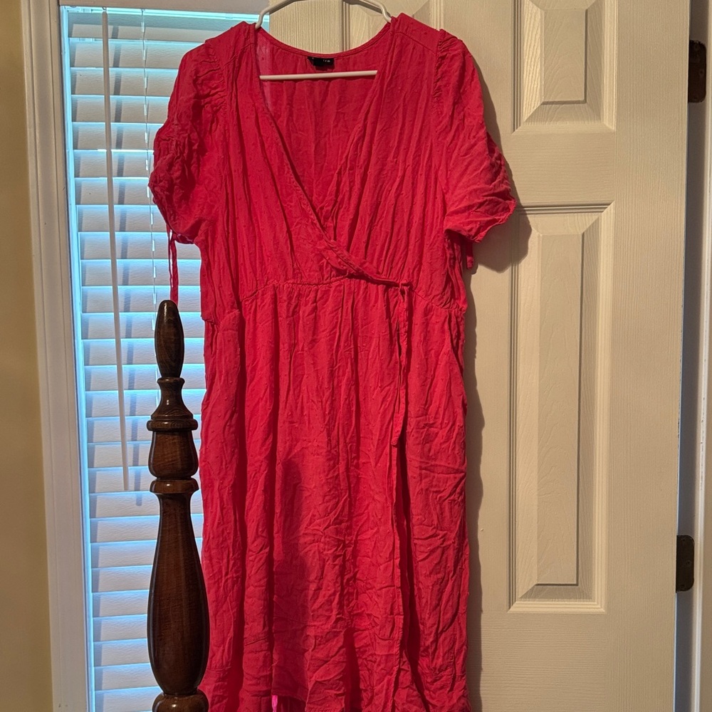 Women's Pink Wrap-Style Midi Dress with Short Sleeves